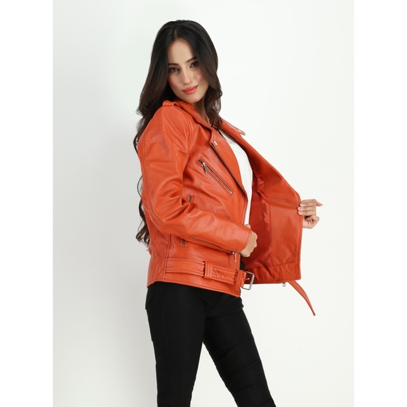 Women's Moto Style Cowhide Orange Leather Jacket - Picture 3 of 6